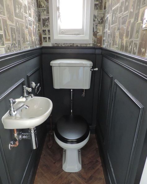 Victorian Plumbing on Instagram: "This beautiful small bathroom has been shared by VP favourite @overatkates from London. Interior guru Kate and her husband have been…" Small Victorian Bathroom, Small Narrow Bathroom, Small Half Bathrooms, Quirky Wallpaper, Victorian Toilet, Small Downstairs Toilet, Small Bathroom Wallpaper, Beautiful Small Bathrooms, Toilet Room Decor