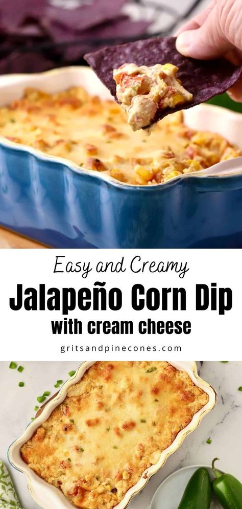 This spicy jalapeno corn dip with cream cheese is loaded with spicy jalapeno peppers, sweet corn, and creamy cheesy goodness! This delectable party appetizer is a Southwestern-inspired corn dip with the addition of a can of Rotel and chili powder. Whether you are hosting a summer BBQ, game day party or holiday gathering your guests are sure to love this creamy corn dip! Easy Hot Corn Dip, Hot Corn Dip Recipe, Corn Dip With Cream Cheese, Spicy Corn Dip, Jalapeno Corn Dip, Creamy Corn Dip, Jalapeno Cream Cheese Dip, Corn Dip Recipe, Hot Corn Dip