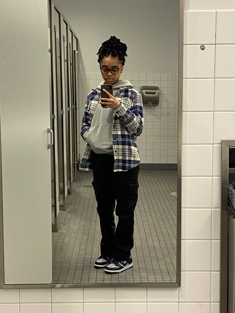 George Town Dunks Outfit, Flannel Shirt With Cargo Pants, Cargos And Flannel Outfit, Flannel With Cargo Pants, Georgetown Dunks Outfit, Flannel And Cargo Pants, Military 4s Outfit, Stem Outfits Style, Camoflouge Outfit Black Women