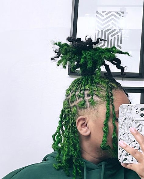 Green Soft Locs, Green And Black Locs, Aesthetic Locs, Green Locs, Color Locs, Loc Colors, Dyed Locs, Colored Locs, Hair Twists Black