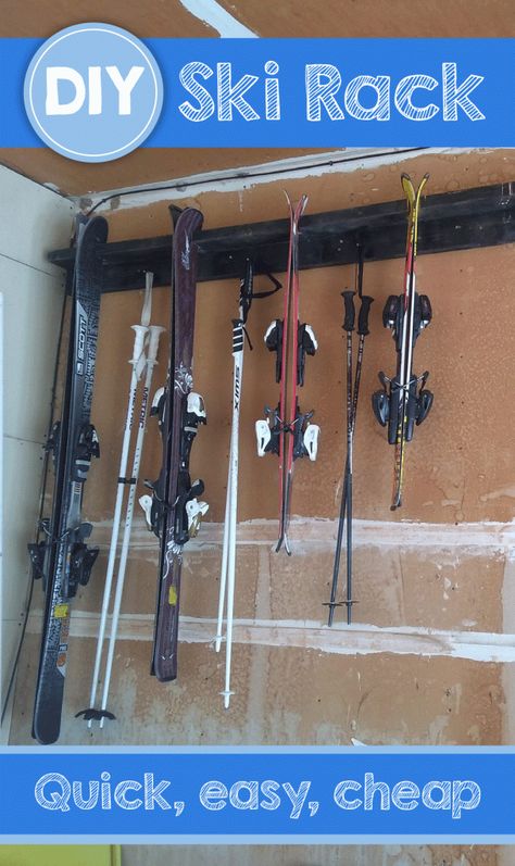 Easy peasy DIY ski rack Diy Ski Rack Wall Mount, Ski Rack Diy, Diy Ski Rack, Garden Wood Projects, Ski Coat Rack, Industrial Curtain Rod, Oreck Vacuum, Ski Rack, Garden Wood