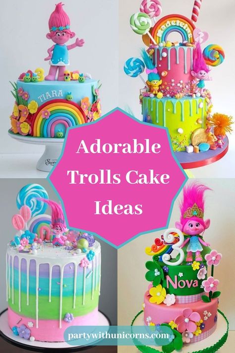 Trolls Rainbow Cake, First Birthday Trolls Theme, Diy Trolls Birthday Cake, Trolls Themed Birthday Cake, Birthday Cake Trolls, Trolls Themed Cake, Poppy Trolls Birthday Cake, Trolls Bday Cake, 3 Year Birthday Theme Girl Cake