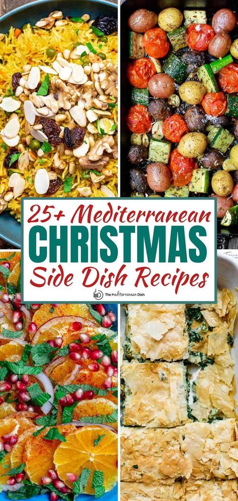 25 + Mediterranean side dishes your guests will love! Don't forget to check out my Christmas brunch menu! Mediterranean Side Dishes, Mediterranean Christmas, Greek Side Dishes, Christmas Dinner For Two, Small Plates Recipes, Christmas Brunch Menu, Christmas Side Dish, Mediterranean Appetizers, Christmas Side Dish Recipes