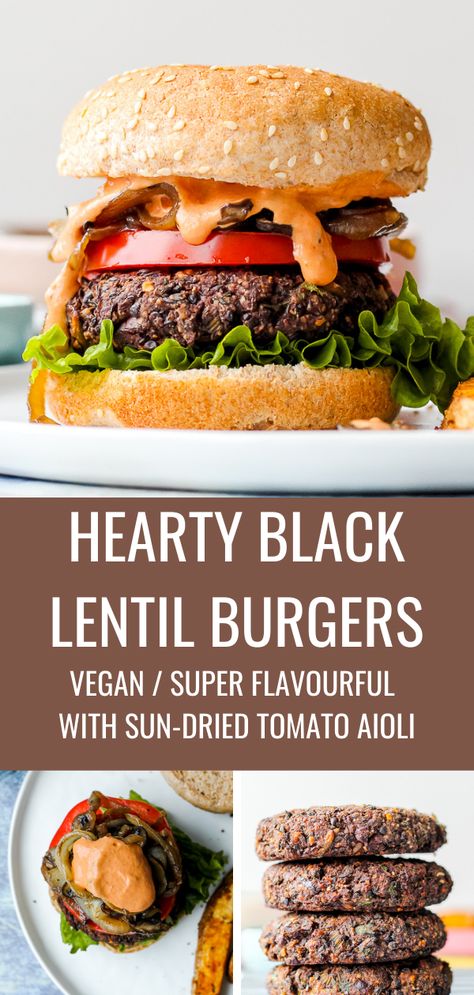 Black Lentil Burger, Vegan Black Lentil Recipes, Lentil Burgers Recipe, Lentils Burger Recipe, Lentil Hamburger Recipes, Black Lentils Recipe, Black Lentil Recipes, Lentil Burgers Vegan, Lentil Mushroom Burger