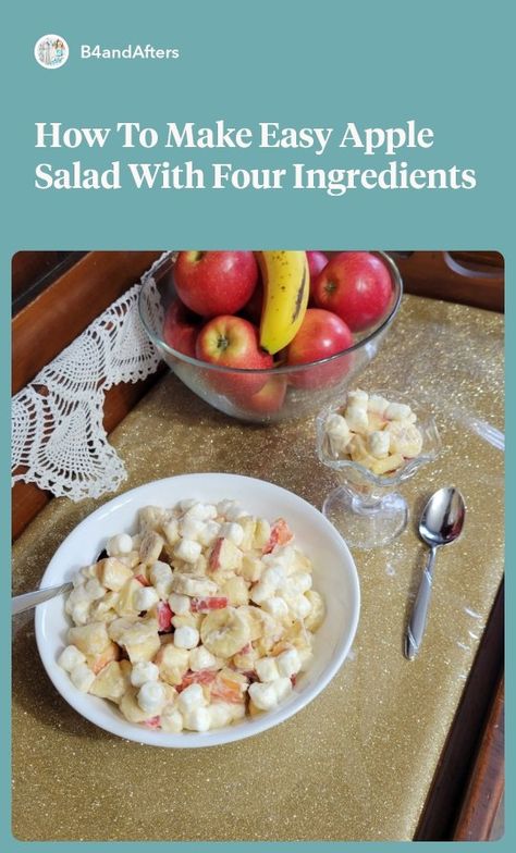 Today I am sharing another easy recipe from my childhood: Four Ingredient Apple Fruit Salad! I think my mom would usually peel the apples to make this, but I think leaving the skin on makes it prettier and healthier.No Substitutions Allowed!This recipe calls for Miracle Whip, which is “salad dressing.” Miracle Whip tastes a whole lot different than mayonnaise, so don’t try to substitute mayo in this apple salad recipe. Trust me! If you need to whip up something quickly to take to a… Apple Fruit Salad, Apple Salad Dressing, Banana Salad, Ambrosia Recipe, Apple Salad Recipes, Fruit Salad Easy, Miracle Whip, Apple Salad, Veggie Salad