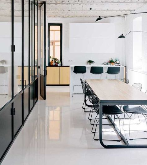 Industrial Office Table, Industrial Office Design, Desk Areas, Living Modern, Pivot Doors, Condo Living, Epoxy Floor, High Gloss White, Flooring Options