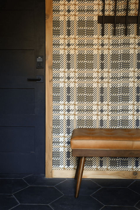 I used this black and green plaid wallpaper in the entryway of a recent cabin interior design project and I couldn't love it more! Wallpaper paired with a bench and hooks is such a simple entryway idea to welcome you into your home. Green Plaid Wallpaper, Simple Entryway, Black Clarks, Cabin Interior Design, Plaid Wallpaper, Cabin Design, More Wallpaper, Green Plaid, Interior Design Projects