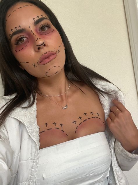 Cosmetic Surgery Costume, Botched Plastic Surgery Halloween Makeup, Esthetician Halloween Costume, Botched Surgery Costume, Creepy Nurse Costume, Easy Sfx Makeup Ideas Scary Halloween, Plastic Surgery Makeup Halloween, Botched Plastic Surgeries Costume, Plastic Surgery Gone Wrong Halloween