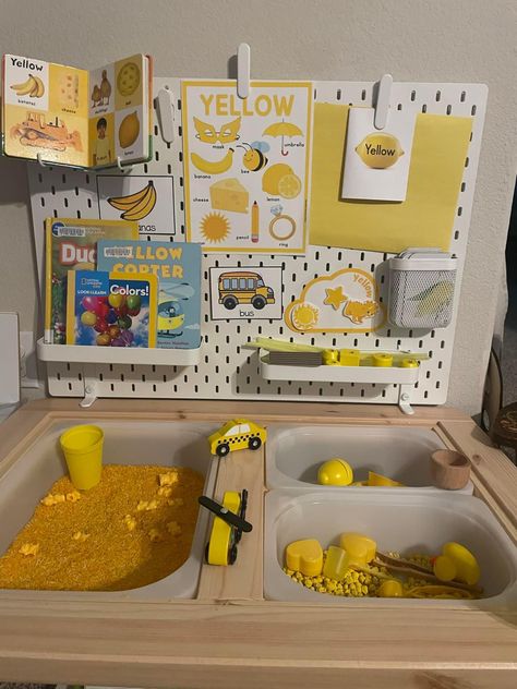 Sensory Play Table Diy, Sensory Table Organization, Yellow Sensory Bin, Color Learning Activities, Toddler Color Learning, Ikea Flisat Table, Flisat Table, Toddler Sensory Bins, Color Learning