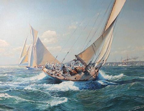 Summer Trials, Vigilant vs. Defender by Maarten Platje 70 x 90 cm oil Navi A Vela, Marine Artist, Sea Pictures, Nautical Painting, Age Of Sail, Maritime Art, Marine Painting, Marine Art, Ship Paintings