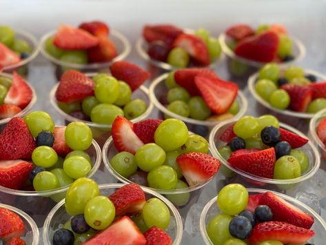 Individual fruit cups for summer parties. We placed these in a blow up tabletop buffet cooler. Individual Fruit Cups Ideas Party Snacks, Fruit Individual Servings, Individual Apps In Cups, Small Fruit Cups, Individual Fruit Cups Ideas, Individual Fruit Cups For Party, Individual Appetizers In A Cup Party Ideas, Individual Appetizers In A Cup, Mini Fruit Cups