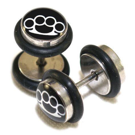 PRICES MAY VARY. Brass Knuckles Knucks Stainless Steel Fake illusion faux cheaters plugs 0G (8mm) top/face 16G (1.2mm) bar with 6mm wearable length 1 pair (2pcs) This is a set of high quality Brass Knuckles Knucks Stainless Steel fake plugs. Now you don't need to stretch your ears to enjoy the look of plugs. These fake/faux/cheater/illusion plugs are of regular gauge 16g (1.2mm) but once you put them on they will give you the look of real 0G (8mm) plugs. No one will be able to tell if you are wearing real or fake plugs. This listing is for a pair of 0G Brass Knuckles Knucks fake plugs made of stainless steel screw-on top and bottom with black rubber o-rings. Stem/bar is 16g (1.2mm) surgical steel. Wearable Length is 6mm. Plug Earrings Gauges, Fake Plugs, Plugs Earrings, Black Rubber, O Ring, Dream Clothes, Piercings, Brass