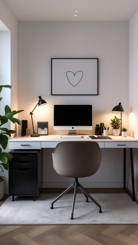 Transform your basement into a cozy home office with stylish furniture, good lighting, and modern finishes. Small Home Office With Standing Desk, Living Room Office Ideas, Creative Home Office Ideas, Desk Setup Aesthetic, Office Design Inspo, Creative Home Office, Home Office Apartment, Home Office Aesthetic, Black And White Office