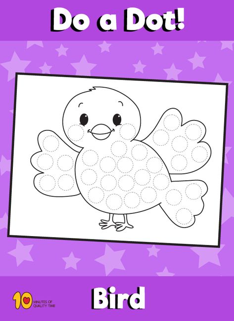 Dot Activity Animals - Bird Preschool Bird Activities, Prewriting Worksheets, Birds Theme, Dots Free, Animal Printables, Do A Dot, Bird Stamp, Easy Arts And Crafts, Bird Crafts