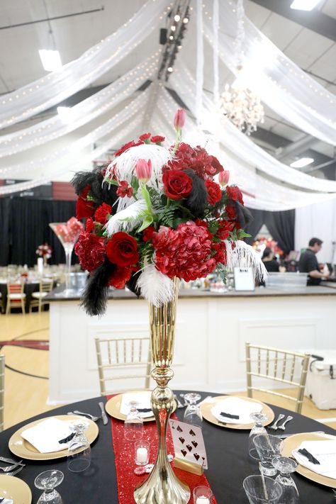 Casino Royale themed gala Casino Centerpieces, Centerpieces With Flowers, White Floral Centerpieces, Tall Centerpiece, Floral Party Decorations, Casino Theme Party Decorations, Grandpa Birthday, Tall Centerpieces, Prom Ideas