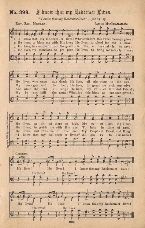 Antique Hymn Book Page Printable - I Know That my Redeemer Lives - via KnickofTime.net I Know That My Redeemer Lives, I Know My Redeemer Lives, Gospel Song Lyrics, Hymns Of Praise, Hymn Sheet Music, Hymn Music, Church Songs, Hymns Lyrics, My Redeemer Lives