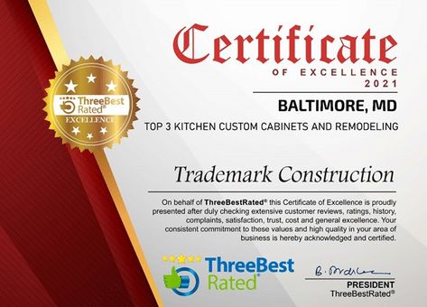 We at Trademark Construction are happy to announce our big win! Trademark Construction has been chosen as one of the three best kitchen remodeling cabinet companies in Baltimore. ThreeBest Rated took into consideration all the significant business aspects, and we outshone them all! #Trademarkconstruction #kitchenremodeling #kitchenrenovation #Baltimore #professionalcontractor #homerenovation #bathroomremodeling #ConstructionCompanyBaltimore #HomeRemodellingBaltimore #KitchenReconstruction