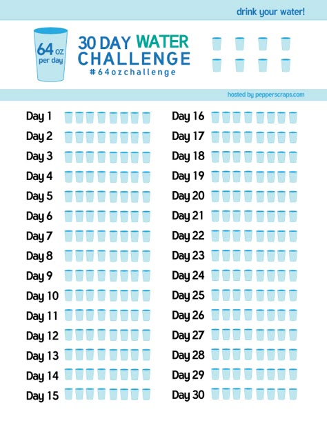 30 day Water Challenge – #64ozchallenge | Free printable water tracker by Pepper Scraps. Plus you can join the challenge and get support! 30 Day Water Challenge, Printable Water Tracker, Fitness Tracker Printable, Motivasi Diet, Water Challenge, Challenge Tracker, Weight Tracker, Water Tracker, Happiness Challenge