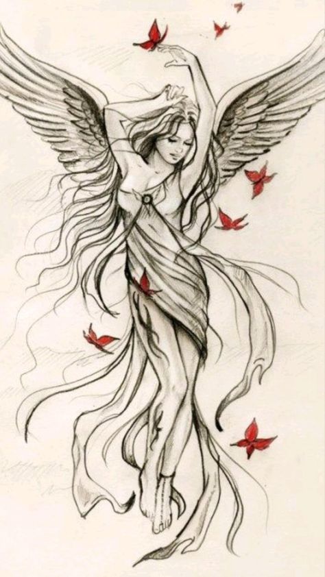 Angel Tattoo Meaning, Angel Tattoo For Women, Wing Tattoo Men, Angel Sketch, Guardian Angel Tattoo, Creature Fantasy, Fairy Tattoo Designs, Angel Wings Tattoo, Wing Tattoo