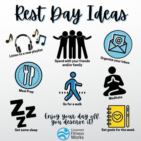 Need a rest day, but aren't sure what to do? Check out this graphic for a few ideas for your day off. #teamcfw #cfw #corporatefitnessworks #fitness #restday #rest #dayoff #recharge Fitness Rest Day Quotes, What To Do On Workout Rest Days, What To Do On A Rest Day, Active Rest Day Ideas, Rest Day Ideas, Rest Day Quotes, Coaching Content, Inspo Quotes, Rest Day