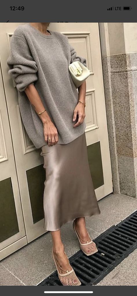 Satin Slip Skirt Outfit, Slip Dress With Sweater, Style A Slip Dress, How To Style A Slip Dress, Layers Fashion, Slip Dress Layering, Taupe Outfit, Knitted Top Outfit, Silk Skirt Outfit