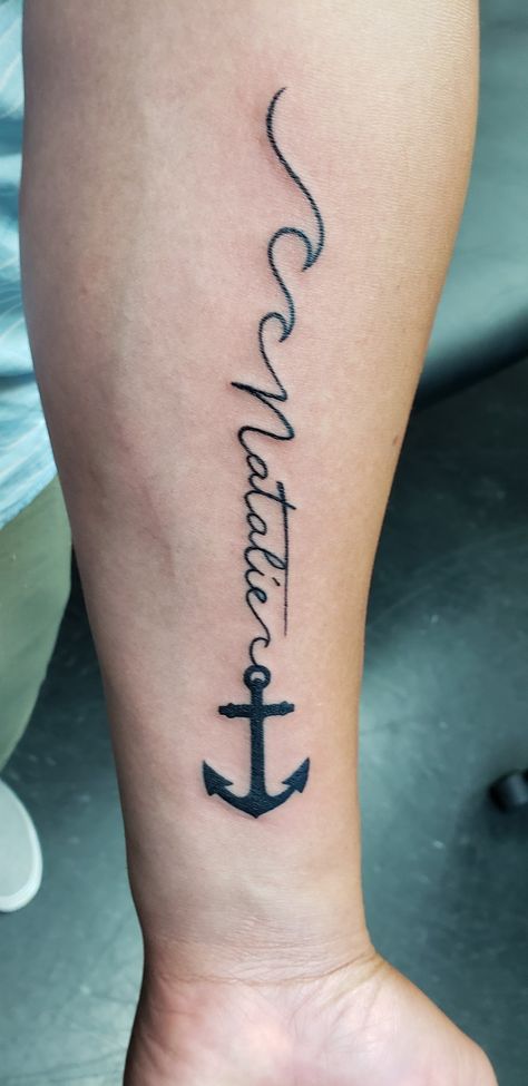 Simple name, anchor, waves tattoo Family Anchor Tattoos, Small Anchor Tattoos, Anchor Tattoo Design, Anker Tattoo, Soul Tattoo, Anchor Tattoos, Family Tattoo, Nautical Tattoo, Tattoo For Son