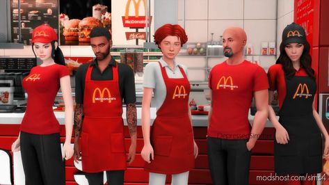 McDonald’s Uniforms + CAP mod for Sims 4 at ModsHost! A set of a t-shirt, an apron, and a cap. T-Shirt + Cap (Base-game compatible) Aprons: three swatches (Dine Out needed) Teen-Elder (Female-Male) I hope you like it! Feel free to include it in your lots. Sims 4 Cc Mcdonalds, Sims 4 Restaurant Uniform Cc, Mcdonalds Outfit, Fast Food Uniform, Mcdonalds Uniform, Starbucks Outfit, Sims 4 Restaurant, Waitress Outfit, Restaurant Uniforms