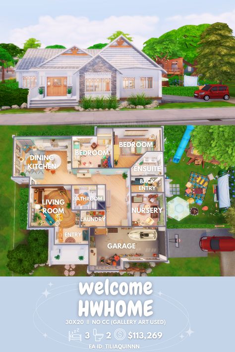 Sims 4 Legacy Challenge House, Tiny Living Sims 4 Layout, Sims Floorplans Layout, Sims 4 Family Of 5 House, 1 Story Sims House Layout, Sims 4 Family House Floor Plans 2 Story, Sims Small Family House, Cute Family Home Sims 4, Sims 4 Bungalow Floor Plan