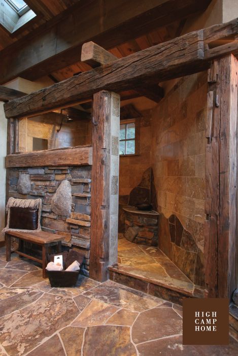 Large rustic Stone Shower for the cabin (plus you don't have to go through the hassle of cleaning a glass door) Desain Pantry, Kitchen Studio, Rustic Shower, Stone Shower, Cabin Bathrooms, Rustic Bathroom Designs, Rustic Bathrooms, Dream Bathrooms, Apartment Decorating