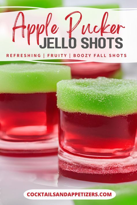 These easy apple pucker jello shots are a great boozy treat for parties and game day. DeKuyper Sour Apple Pucker combines with Fireball and Cranberry Jello for a alcoholic jello shot recipe that is simple to make. Garnish with an candy apple ring for serving at Fall parties, Halloween or anytime! Fall Flavored Jello Shots, Jell-o Shots With Vodka, Sour Apple Pucker Jello Shots, Halloween Alcoholic Jello Shots, Christmas Jello Shots Recipes, Apple Pucker Jello Shots, Halloween Themed Jello Shots, Winter Jello Shots, Jello Shot Recipes Halloween