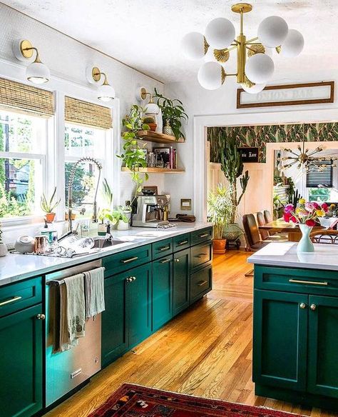 Bohemian Kitchen Decor, Turquoise Cabinets, Bohemian Kitchen, White Kitchen Decor, Green Cabinets, Kitchen Redo, Green Kitchen, Kitchen Colors, Interior Design Kitchen