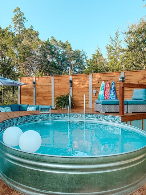 10 Ft Stock Tank Pool, Galvanized Pool, Cowboy Pools, Tank Pool Ideas, Stock Pool, Stock Tank Pool Ideas, Stock Tank Pools, Galvanized Stock Tank, Lanai Patio