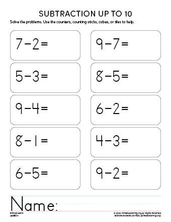 This worksheet features single-digit subtraction within ten. This worksheet allows kindergarten students to use the strategy of their choice to solve these horizontal subtraction problems. Recommended Workbook Subtraction Facts To 10 With this worksbook kindergarten kids practice subtraction facts to 10. No-prep activity sheets that Problem Solving Activities For Kids, Subtraction For Kindergarten, Subtraction Worksheets For Kindergarten, Single Digit Subtraction, Subtraction Facts Worksheet, Simple Subtraction, Easy Math Worksheets, Subtraction Activity, Subtraction Within 10