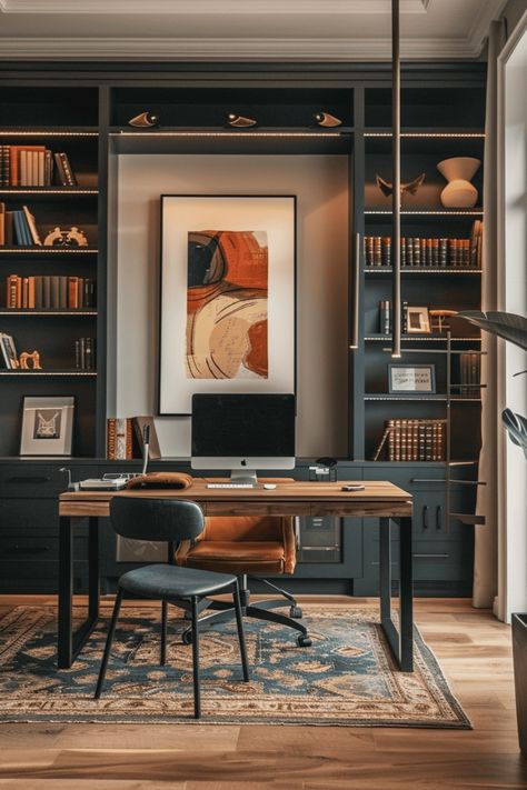 Find your perfect oasis for focused deep work and creative brainstorming with these gorgeous home office inspiration ideas. Home Office Inspiration Workspaces, Loft Office Design, Antique Wooden Desk, Creative Brainstorming, White Eames Chair, Office Inspiration Workspaces, Unique Home Office, Classic Bookshelves, Inspiring Office