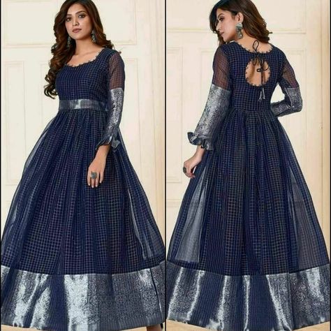 Saree Gaun Design Dresses, Saree To Long Frock Designs, Back Neck Designs For Anarkali Dresses, Frock Neck Designs For Girl, Saree Into Frock Designs, Gown Neck Design Indian, Neck Designs For Gowns Indian, Long Frock Back Neck Models, Long Frock Designs For Women Party