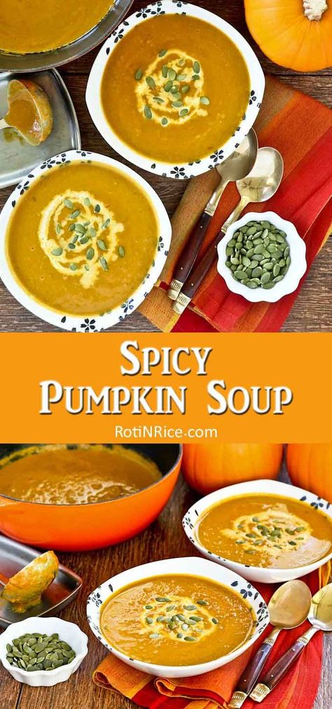 Quick and easy Spicy Pumpkin Soup in 20 minutes. Fresh ginger, curry powder, and ground cinnamon make this soup deliciously warm and comforting. | RotinRice.com #pumpkinsoup #pumpkin #fallrecipes #autumnrecipes Spicy Pumpkin Soup Recipe, Pumpkin And Ginger Soup, Pumpkin Curry Soup, Spicy Soup Recipes, Pumpkin Soup Recipe Easy, Spicy Pumpkin Soup, Curry Soup Recipes, Spiced Pumpkin Soup, Pumpkin Curry