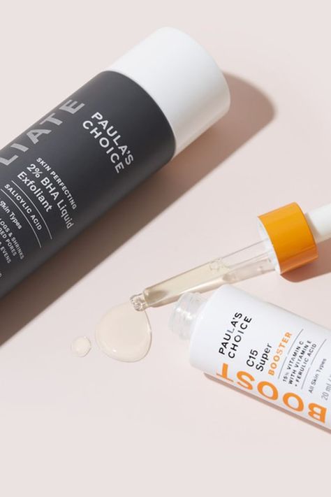 How to Use Vitamin C Serum and an AHA or BHA in Your Skincare Routine for Bright, Even-Toned Skin | The Skincare Edit Bha And Vitamin C, Paula Choice, The Ordinary Salicylic Acid, Lotion P50, Vitamin A Serum, The Ordinary Lactic Acid, Best Vitamin C Serum, Vitamin C Cream, Best Vitamin C