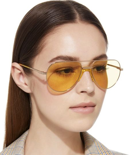 Andy Wolf Eyewear Yellow-Tinted Metal Aviator Sunglasses Yellow Sunglasses Outfit, Yellow Lens Sunglasses, Mini Sunglasses, Fake Glasses, Yellow Sunglasses, Sunglasses Outfit, Eyewear Trends, Style Glasses, Cute Sunglasses