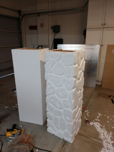 New Pillars for this year. | Halloween Forum Diy Pillars Columns, Diy Halloween Pillars, Halloween Pillars, Cardboard Decorations, How To Make Foam, Brick Columns, Halloween Forum, Calamity Jane, Christmas Squares