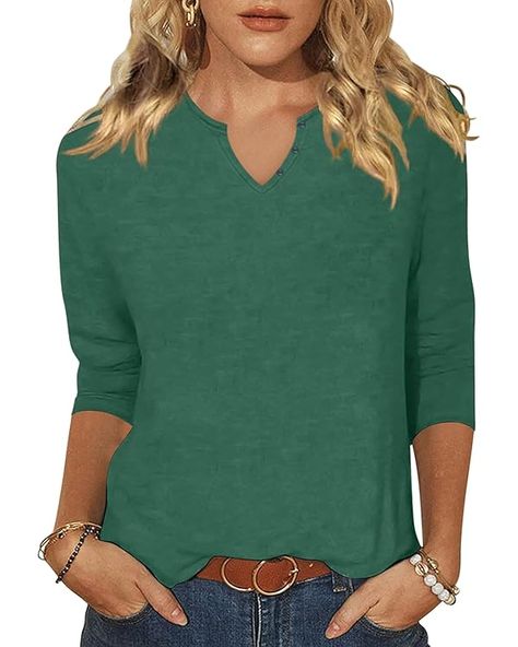 Woffccrd Womens Casual 3/4 Sleeve T-Shirts Button V Neck Summer Tunic Tops Loose Fit Shirts Solid Basic Tops at Amazon Women’s Clothing store Summer Tunic Tops, Nature Workout, Fitted Tunic Tops, Tunic Tops Summer, Summer Tunic, Button Shirts, Loose Fit Blouse, Summer Tunics, Womens Trendy Tops