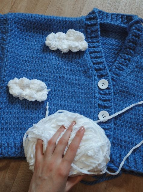 Crochet Cloud Cardigan, Cloud Cardigan, Crochet Sweater Design, Crochet Fairy, Hand Embroidery Tutorial, Crochet Basket Pattern, Sweater Crochet, Embroidered Clothes, Blue Cardigan