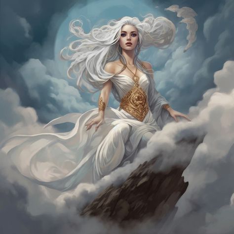 Rain Goddess Art, Air Goddess Aesthetic, Wind Goddess Art, Sky Goddess Art, Cloud Giant Art, Wind Elemental Female, Wind Element Character Design, Air Goddess Art, Air Elemental Female