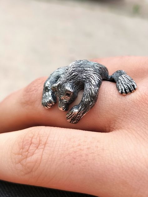 This extra large silver bear ring will be a very good gift idea for wildlife and nature lover womens and mens. The wild animal ring will put a naturalist women/men a wildlife touch.  The wild life inspired jewelry is made of from 925k sterling silver which has a hypoallergenic quality, so people with metal allergies can wear it without experiencing any skin irritation. The textured bear figure ring is oxidized to give sterling silver a black patina that gives the jewelry an antique or tarnished Animal Wedding Ring, Animal Ring, Bear Ring, Silver Animal Jewelry, Bear Jewelry For Men, Animal Rings Jewelry, Bear Design Pendant Jewelry For Gifts, Silver Bear, Gifts For Hunters