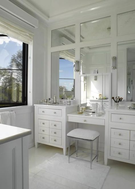 double vanity & make-up vanity design | paneled mirrors Vanity With Makeup Area, Garden Hideaway, Bathroom Bench, Makeup Vanities, Bath Stool, Bad Inspiration, Transitional Bathroom, Master Bath Remodel, Vanity Design