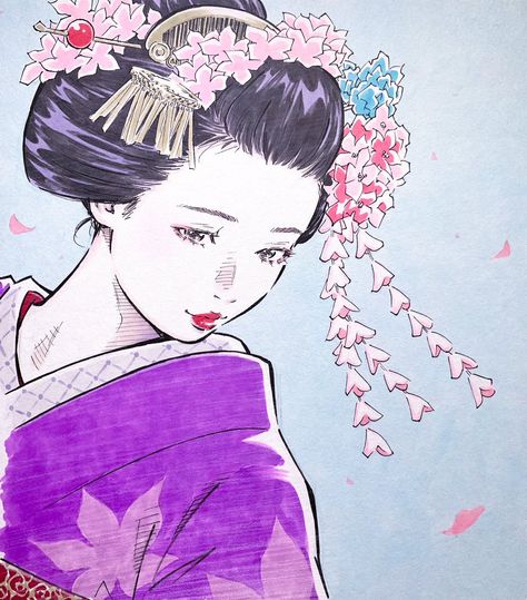 Hair Ideas Reference Drawing, Drawing Ideas Japanese, Cute Japanese Characters, Geisha Art Illustrations, Emphasis Art, Cute Icons Aesthetic, Japanese Maiko, Drawing Japanese, Pretty Characters