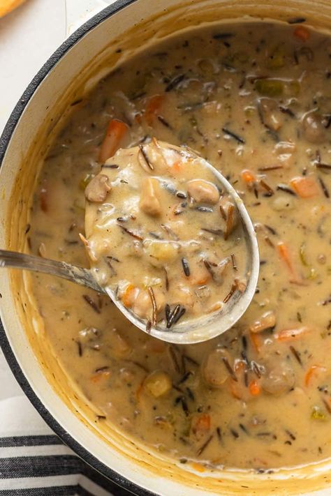 pot of creamy mushroom soup with a ladle Wild Rice Soup Recipes, Rice Soup Recipes, Instant Pot Soup Recipes, Instant Pot Soup, Wild Rice Soup, Rice Soup, Instapot Recipes, Wild Rice, Idee Pasto Sano