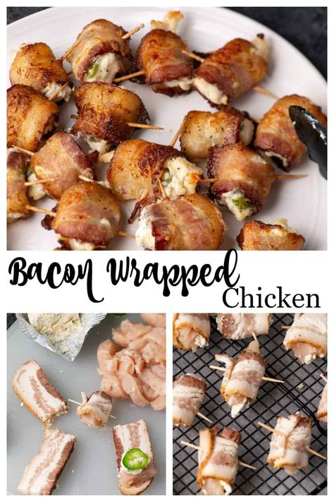 Bacon wrapped chicken bites would be delicious all by themselves, but add some Boursin and jalapeño and you and a melt-in-your-mouth, amazing appetizer.  Great for a party or Game Day. Surprisingly not greasy because they're baked on a wire rack.#bacon #chicken #appetizer #gameday #baconwrapped #butterandbaggage Superbowl Food Appetizers, Chicken Appetizer, Low Carb Appetizer, Bacon Wrapped Chicken Bites, Bacon Chicken, Superbowl Appetizers, Bacon Appetizers, Wrapped Chicken, Bacon Wrapped Chicken