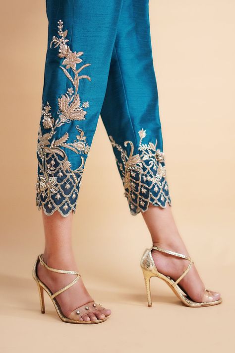 Teal Trousers, Pants Custom, Embroidery Pants, Pakistani Formal Dresses, Pakistani Style, Raw Silk Fabric, Disco Pants, Couture Embroidery, Hand Work Embroidery