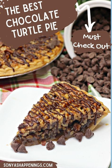 The best chocolate turtle #pie #recipe you'll find ~ it is so yummy! #foodie #yumyum #chocolateturtlepie Drunken Turtle Pie Recipe, Turtle Desserts, Winter Pies, Turtle Pie Recipe, Filled Desserts, Turtle Dessert, Easy Pies, Pecan Desserts Recipes, Turtle Pie