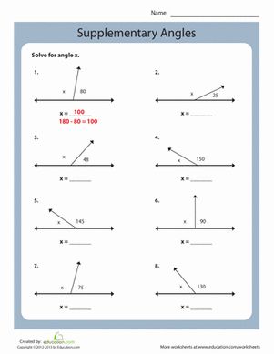 Master your knowledge of supplementary angles with this geometry practice sheet! Remember that supplementary angles add up to make 180 degrees. Complementary And Supplementary Angles, Geometry Angles, Angles Math, Complementary Angles, Supplementary Angles, Angles Worksheet, Teaching Geometry, 4th Grade Math Worksheets, Geometry Worksheets